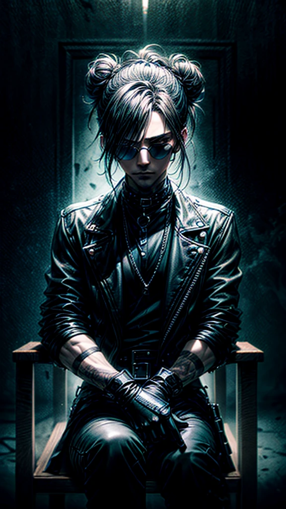 a stylish korean man with long hair tied in bun, wearing black round sunglasses, black leather gloves, dark clothing, sitting on a chair in a dark environment, dynamic point of view, best quality, ultra-detailed, photorealistic, vivid colors, dramatic lighting, chiaroscuro, dark and moody atmosphere, masculine, charismatic, punk style