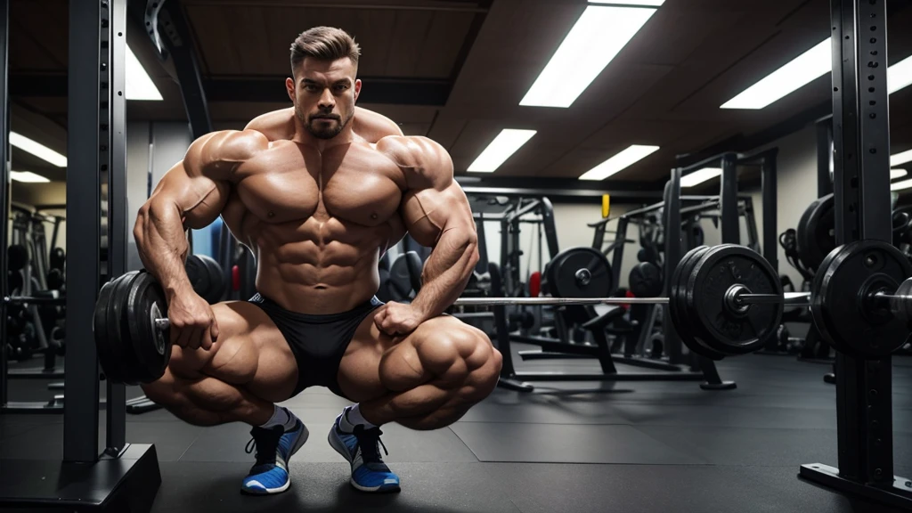 An image of a bodybuilder with large, defined quadriceps in a gym environment