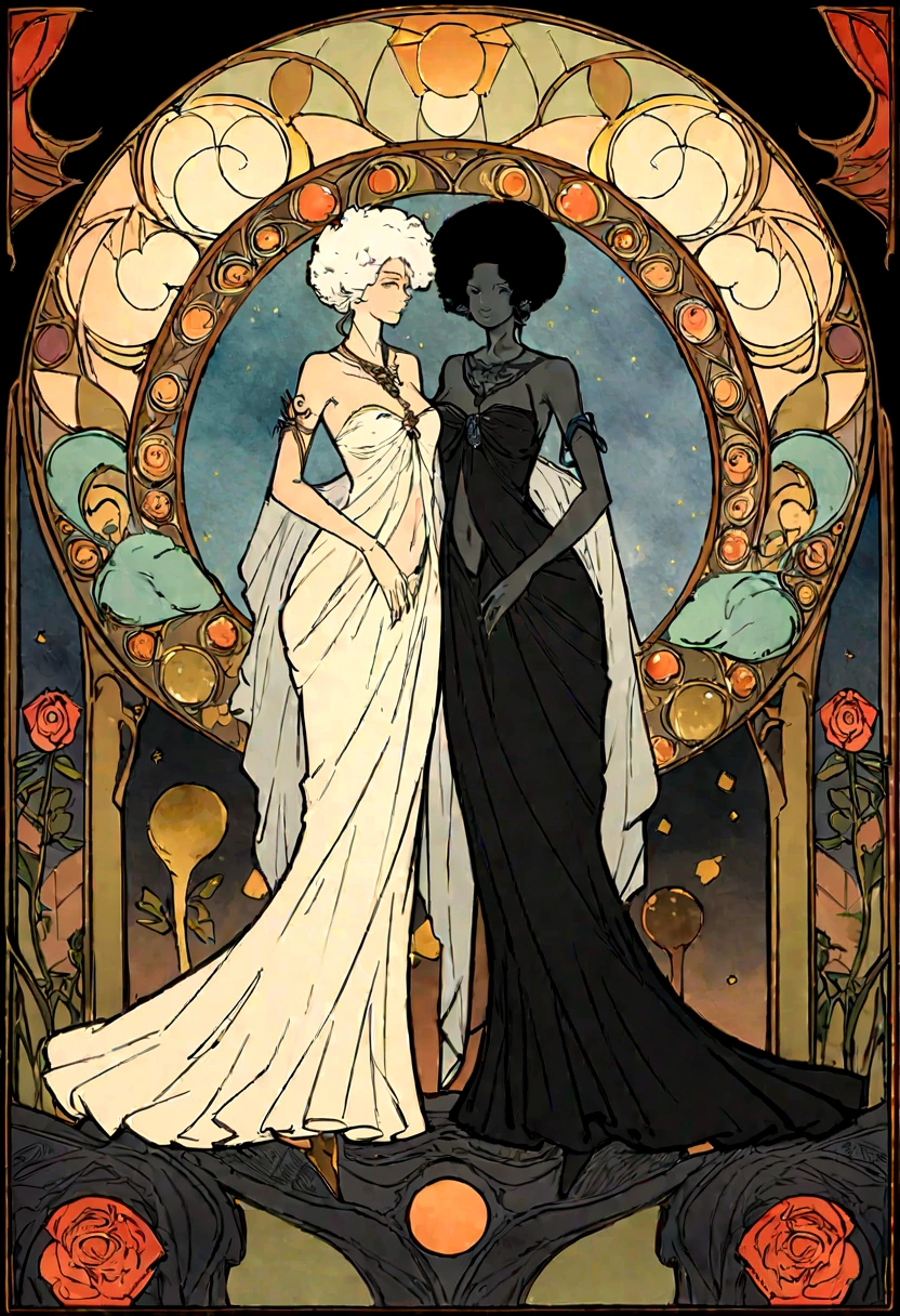 A super detailed watercolor painting,woman with black skin, afro skin afro hair, negra com black cacheadissimo, darkness background,Gothic, white hair, anthropomorphic female, feminine figure, detailed cover art, Like a goddess of roses, No style de Alphonse Maria Mucha e Gustave Kilmut, Acentos art nouveau, alphons mucha, Gustav Klimt, a marble sculpture, CGSesociedade, gothic art, art nouveau, behance contest winner