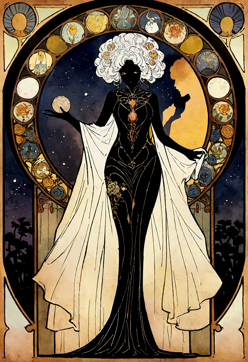 A super detailed watercolor painting,woman with black skin, afro skin afro hair, negra com black cacheadissimo, darkness background,Gothic, white hair, anthropomorphic female, feminine figure, detailed cover art, Like a goddess of roses, No style de Alphonse Maria Mucha e Gustave Kilmut, Acentos art nouveau, alphons mucha, Gustav Klimt, a marble sculpture, CGSesociedade, gothic art, art nouveau, behance contest winner