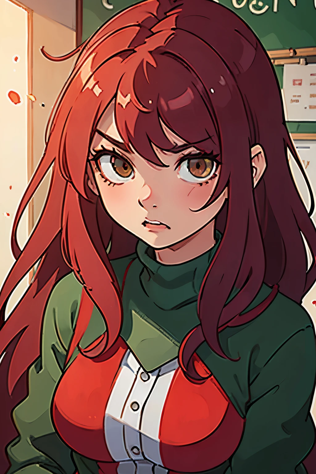 Girl, long hair, red, green eyes, seductive, demon, in at school, angry.