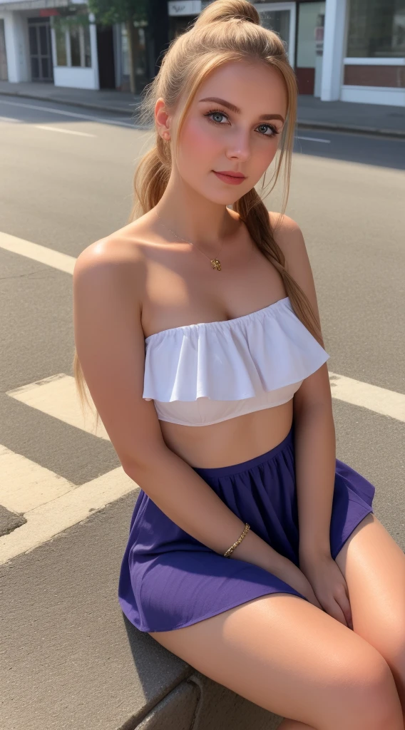 Russian woman, Intimate, face blush, red blushy cheeks, ponytail, feeling excited, beautiful thighs, in love, wearing summer mini dress