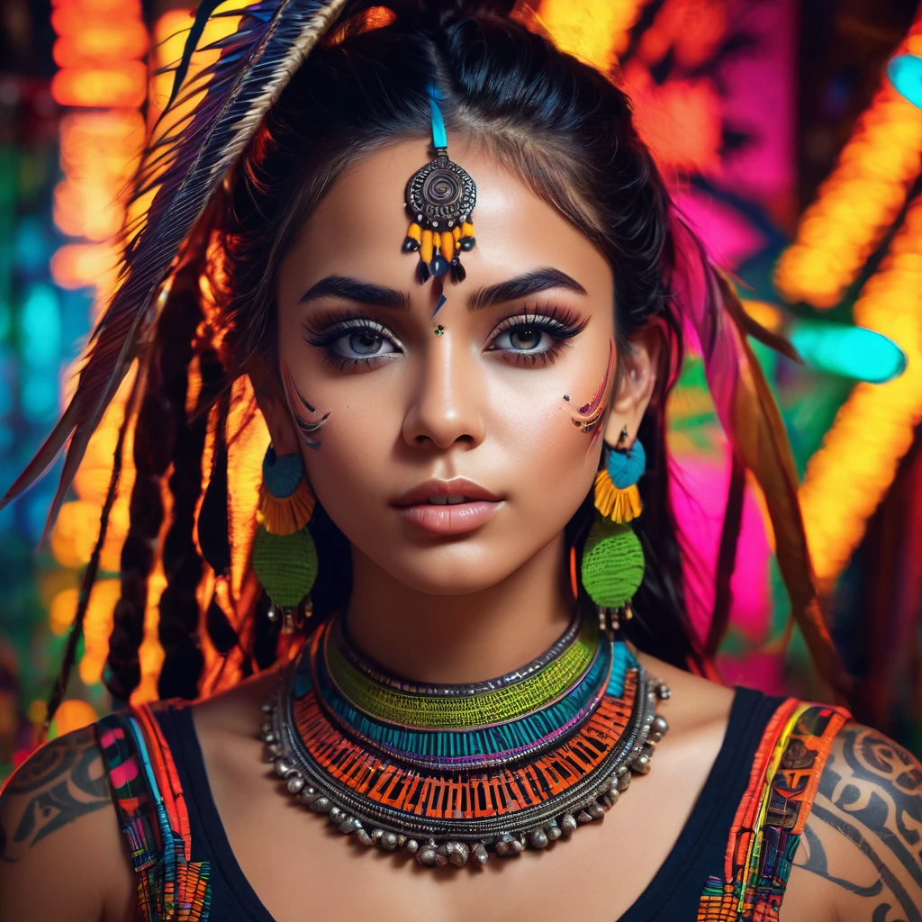 a tribal house music album cover, 1girl, detailed face, beautiful detailed eyes, beautiful detailed lips, extremely detailed eyes and face, long eyelashes, tribal tattoo on face, wearing tribal necklace and earrings, tribal patterns, abstract tribal background, neon lights, psychedelic colors, cinematic lighting, dramatic contrast, dramatic shadows, volumetric lighting, (best quality,4k,8k,highres,masterpiece:1.2),ultra-detailed,(realistic,photorealistic,photo-realistic:1.37)