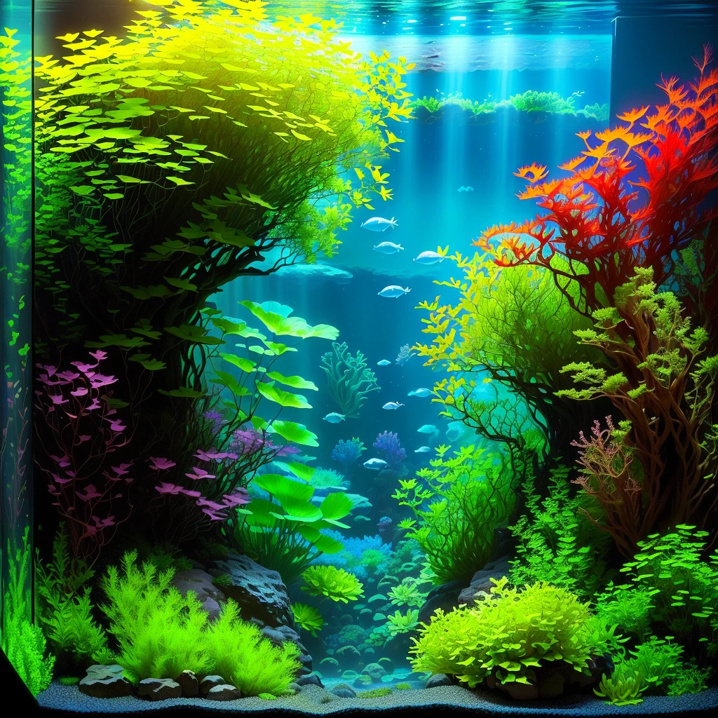 there is a Aquarium with plants and rocks in it, overgrown with aquatic plants, aquatic plants, colorful picturesque environment, aquatic plants, underwater plants, Iwagumi Waterscape, Aquarium life, Aquarium, beautiful environment, lush, deep vivid colors, underwater landscape, incredible depth, closeup cinematic water scene, Summer 2016, Aquarium