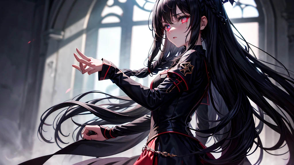 1 girl ,(large stigmata) , Kirchenruine, bloody rosary , (floating hair, floating skirt), ((Blutmeer)),From Side View, Characterfocus, ((Blacklight)),((dark lighting)), cinematic lighting ,(darkness), (conceptual art), ((Rape Face)) ,black long straight hair, black hair, Braided hairstyles, long straight braids, hair band , red eyes color, Short black dress, tight black dress, absolutes Territorium, Thigh high socks, (glowing eyes), high resolution,(incredibly absurd) ,Extreme detail CG Unity 8K wallpaper, ((masterpiece)), ((top quality)), (beautiful illustration), ((an extremely delicate and beautiful)), (masterpiece, best quality, ultra high resolution), black hair, pale skin, Black Crown, red eyes, bright_eyes, neon eyes, ultra detailed eyes, beautiful and detailed face, detailed eyes, (centered, torso), (tears), (wide angle shot:0.9), facing to viewer, eyeshöhe