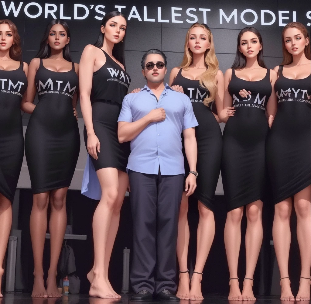 Three tall girls on the lfe left, three tall girls in the right, short man in the middle, the girls are much taller than the man, girls have big and cleavage, girls are wearing black, man is wearing blue shirt, girls are standing barefoot, man is wearing shoes,