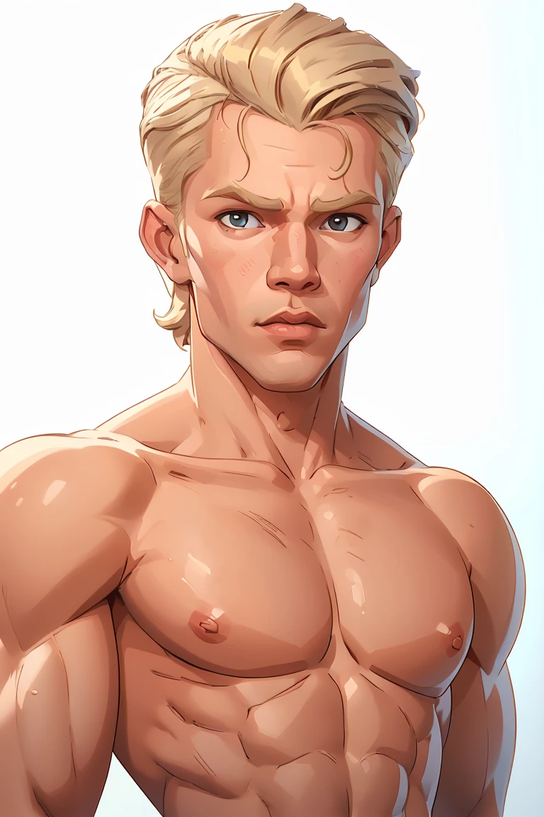 (a detailed watercolor and pencil portrait drawing of an incredibly handsome 27-year-old male athlete with short blonde hair and a fringe, a broad very muscular chest and narrow waist wearing black silk women's lacy panties) full body image seen from a low angle