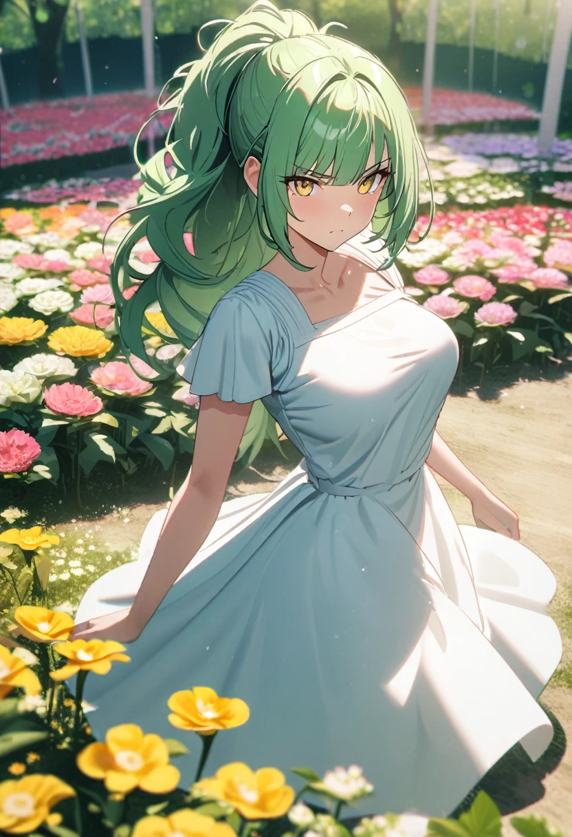 Mature woman, perfect anatomic draw, perfect eyes, short green hair, yellow eyes, serious face, messy hair, straight bangs down, ponytail in the hair, breasts, white puff dress, sunny day, cute pose, in the flower camp, day, 8k, high quality, full HD.