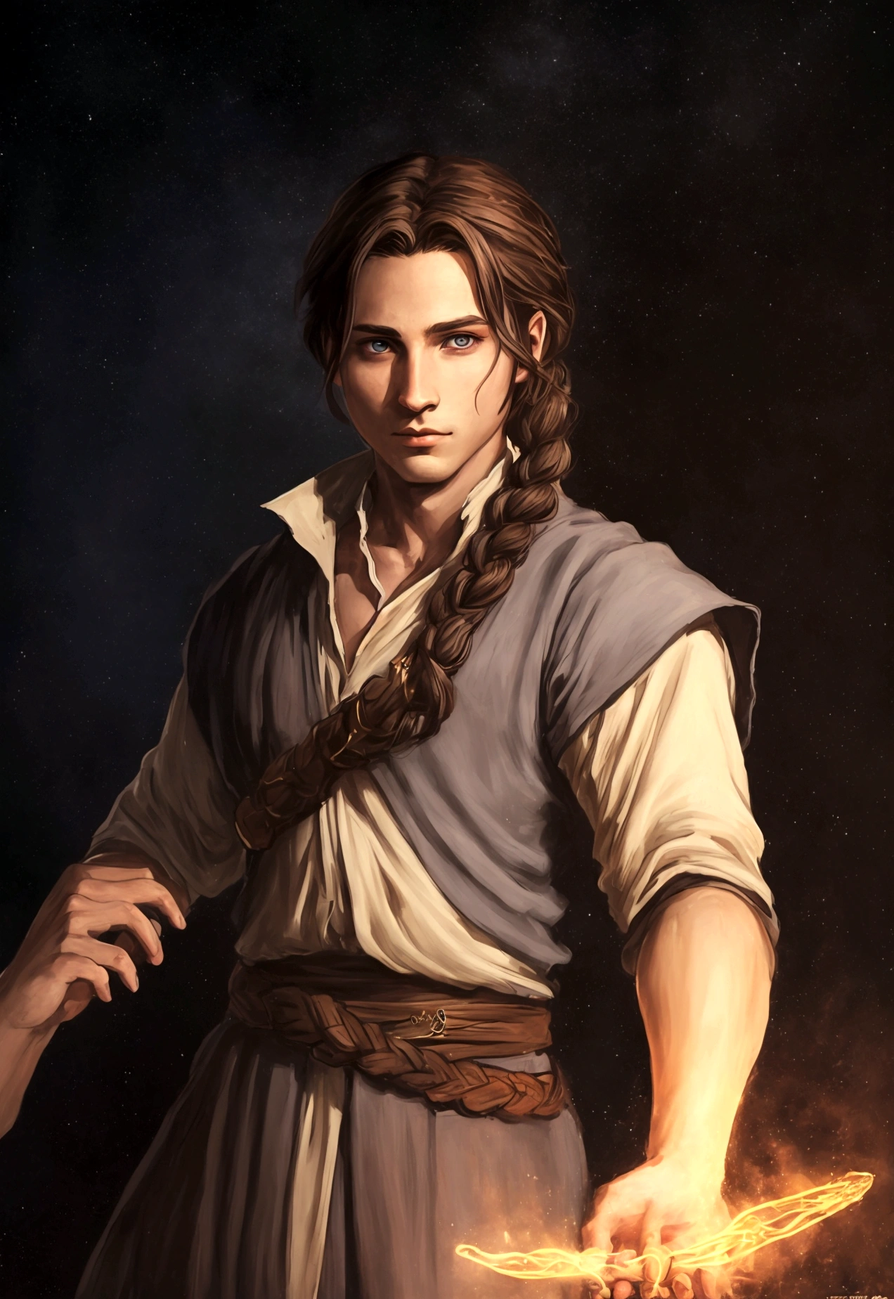 portrait art, young sorcerer, half a turn, brown hair with one waist-length braid, no beard, grey eyes, medieval era fantasy