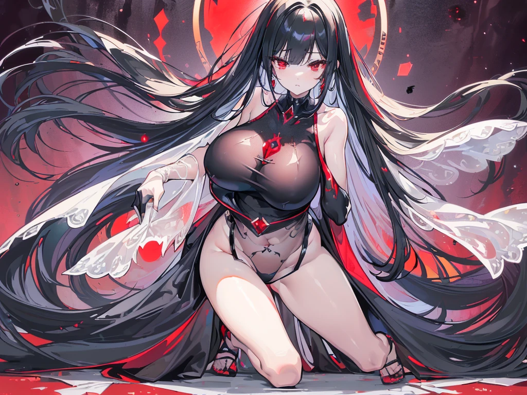 (Exquisite eyes),(Clear and beautiful eyes:1.61),masterpiece, ung girl,(Black clothes and some red gems), Black long hair, (She has a huge red gem on her chest), Good Hand,((The Havoc of StarCraft)),full-body shot,Fighting Stance,(Red Eyes:1.466),short and small,(Very big breasts:1.35),(Pretty Face),(full-body shot:1.33),Beautiful hands