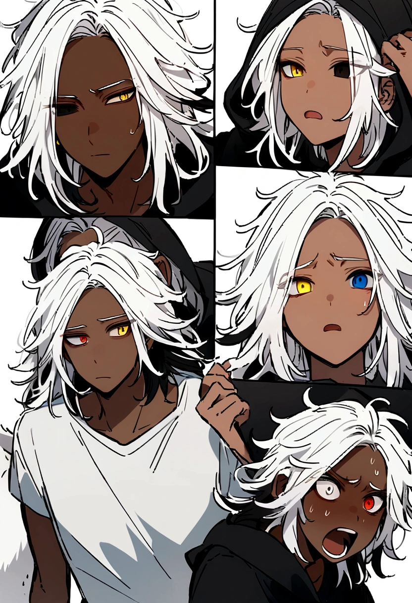 white  shirt, wearing a black hoodie , yellow and black eyes heterochromia, expression of despair, Messy hair , Medium length hair , 1 men , multicolored black and white hair , two tone hair , dark skin color , with a white wolf , they are both running from their mother 