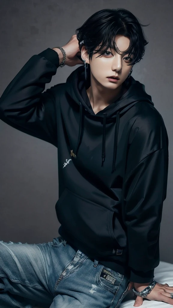Jungkook from bts , full body , long medium Curly hair , wolfcut hairstylist, wearing black Hoodie and jeans ,photorrealistic, ultrahd, 8K