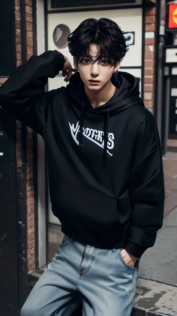 Jungkook from bts , full body , long medium Curly hair , wolfcut hairstylist, wearing black Hoodie and jeans ,photorrealistic, ultrahd, 8K