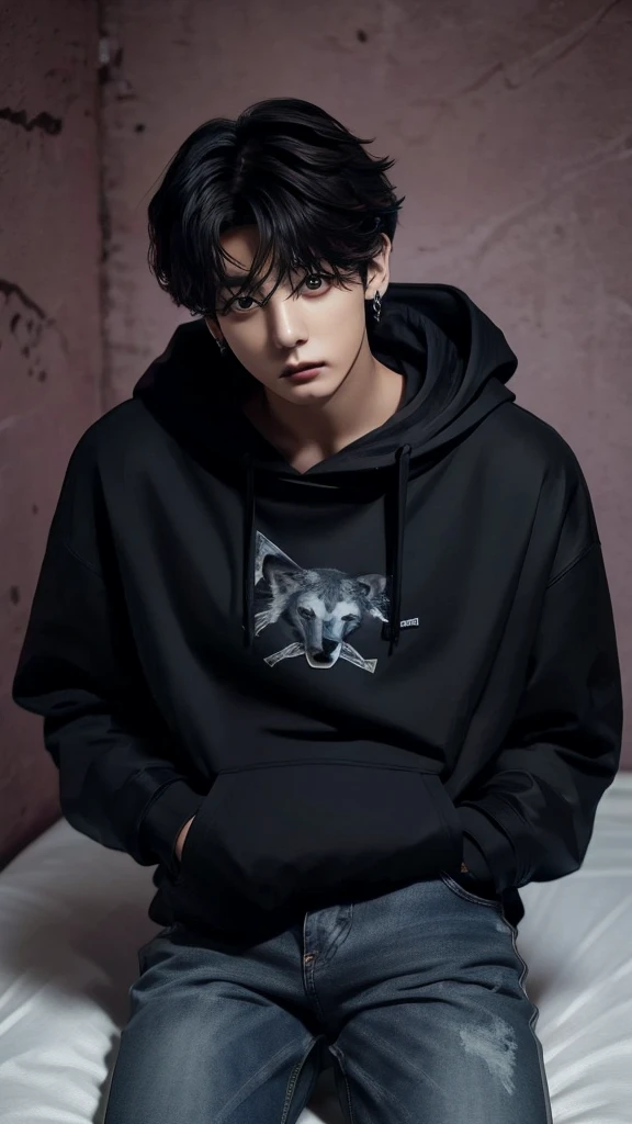 Jungkook from bts , full body , long medium Curly hair , wolfcut hairstylist, wearing black Hoodie and jeans ,photorrealistic, ultrahd, 8K