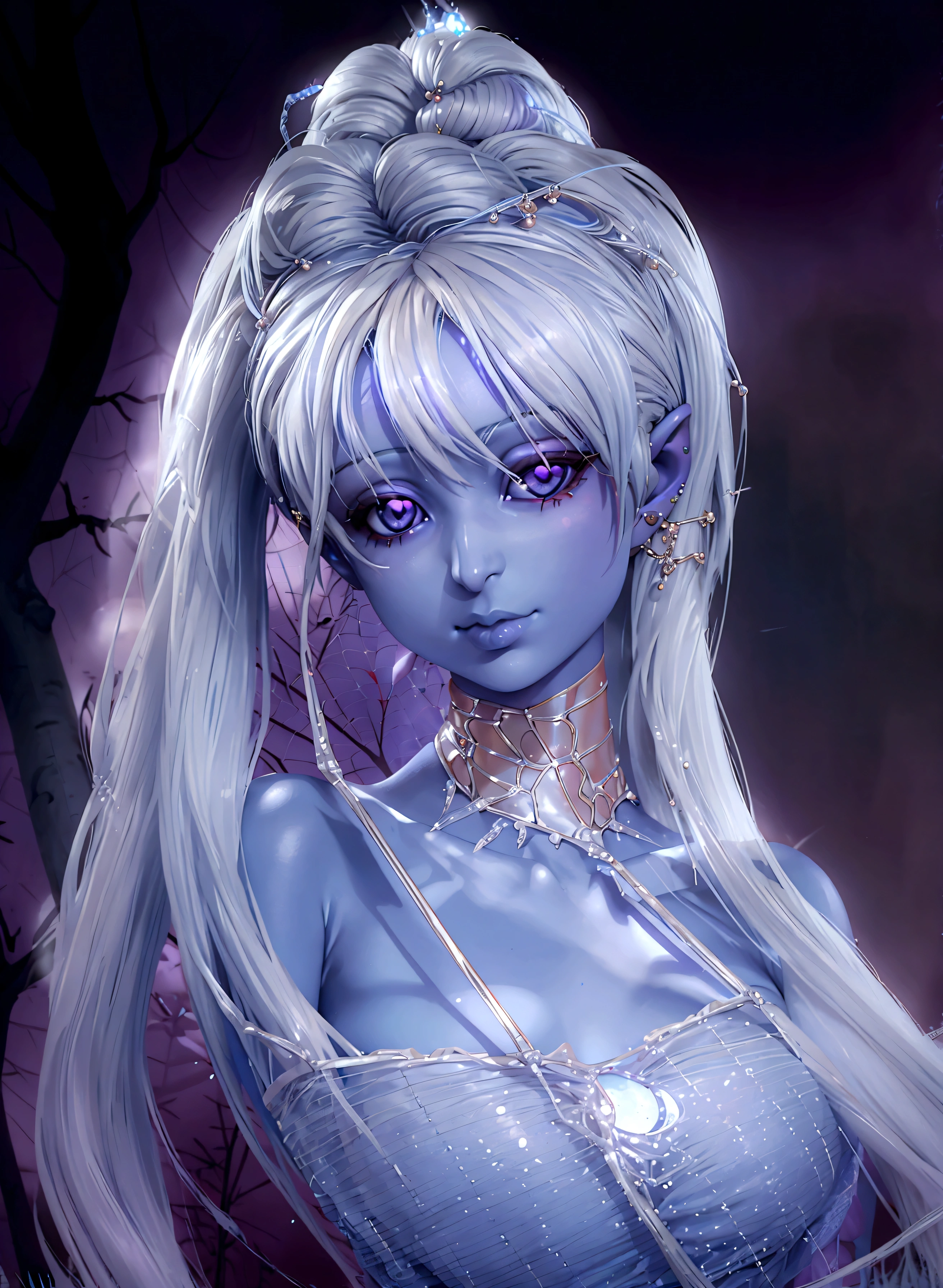 A moon elf greatly resembling Paris Hilton (age 25, blue skin, violet eyes, silver hair, sheer spider silk lingerie, silver body jewelry) is walking through a spider infested haunted woods, webs obscure the moon and carpet the ground. Immense webs and spiders in the tree tops.
