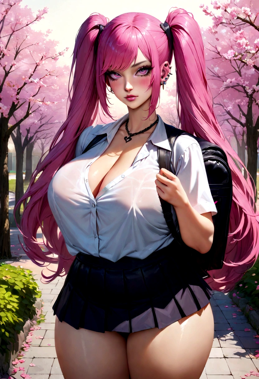 A perfect masterpiece, Highly detailed CG UNITY 8K UHD quality resolution,  RAW Photos, Award-winning portraits, Realistic, Official Art, Glossy and realistic skin, (V3.0 Punk Rock Baked:1.3), The most beautiful and sexy , very long rainbow colored hair in pigtails, Vivid moonlight eyes, Long and fine eyelashes, Blushing, Plump pink lips, Curved body, Full Hips, Super huge very huge , I can see her cleavage, A huge one popping out of her shirt, Schoolgirl uniform、 skirt、Nike sneakers、wearing a backpack, Lots of tattoos and piercings, She arches her back in a sexy, seductive, slutty pose, Looking at the audience, Full body portrait, Cowboy Shot, Sexy and seductive slutty look, Cherry blossoms blowing in the wind, School campus background 