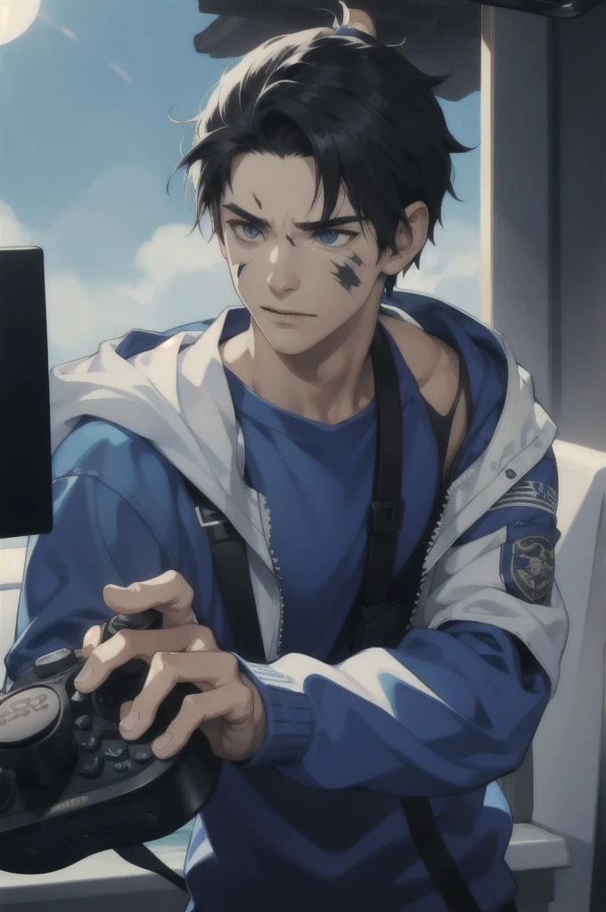 A character with scars on his face with a video game controller in his hand