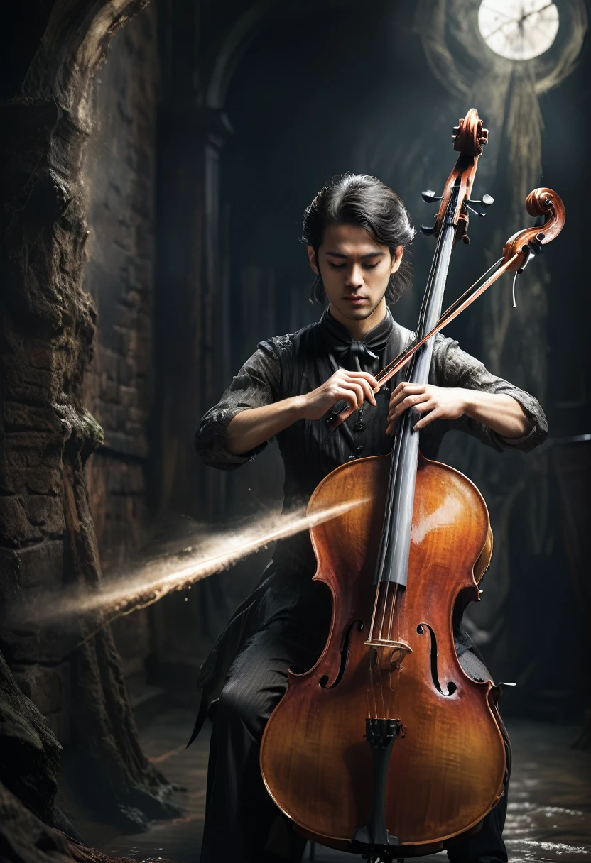 A person playing cello with the bow bristles popped in a Dark Fantasy style