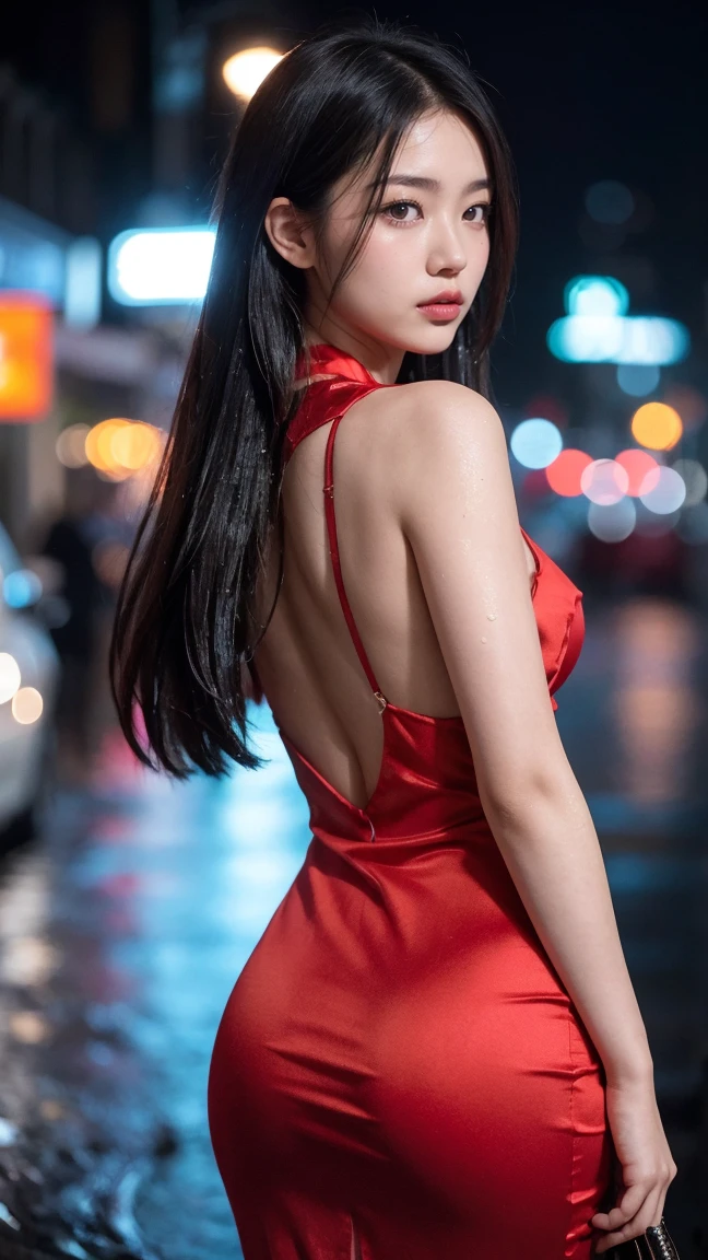 4K Ultra HD, Masterpiece, Highly detailed, a young woman, Cute face, Detailed eyes, long hair, detailed lips, Medium bust, red light on set, red cyberpunk dress, red neon light connected on dress, neon chest, Empty waist, Effect of red electric current, glow effect, Direct-x 2.0 visual effects, High graphics night light, Diffuse light, red light reflection, glare on the road, Spread red lights everywhere., neon light, sit, whole body grip,