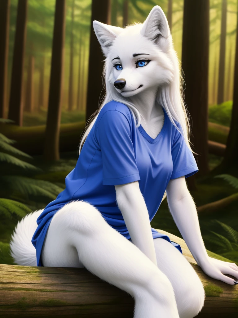 Posing, sitting on log, Female, 30 years old, cute, eyeliner, long hair, sad, blue shirt, bedroom eyes, anthro, wolf ears, (white fur:1.5), baggy shirt, wolf, forest background, 8k, hi res, (best quality, masterpiece), blue eyes
