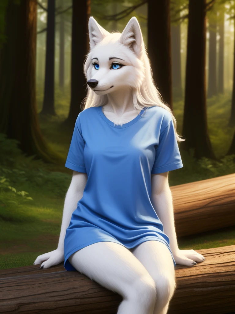 Posing, sitting on log, Female, 30 years old, cute, eyeliner, long hair, sad, blue shirt, bedroom eyes, anthro, wolf ears, (white fur:1.5), baggy shirt, wolf, forest background, 8k, hi res, (best quality, masterpiece), blue eyes