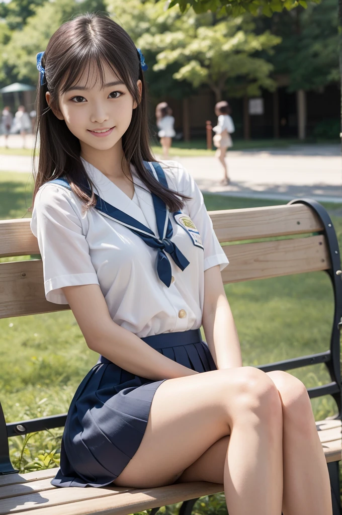 Pure Japanese school girl, sexual attractive, outstanding body, beautiful legs, shiny white skin, wearing loose uniform, panty, natural hairstyles, sweet smile, sitting on bench, refreshing in early summer morning, composition from the front, 