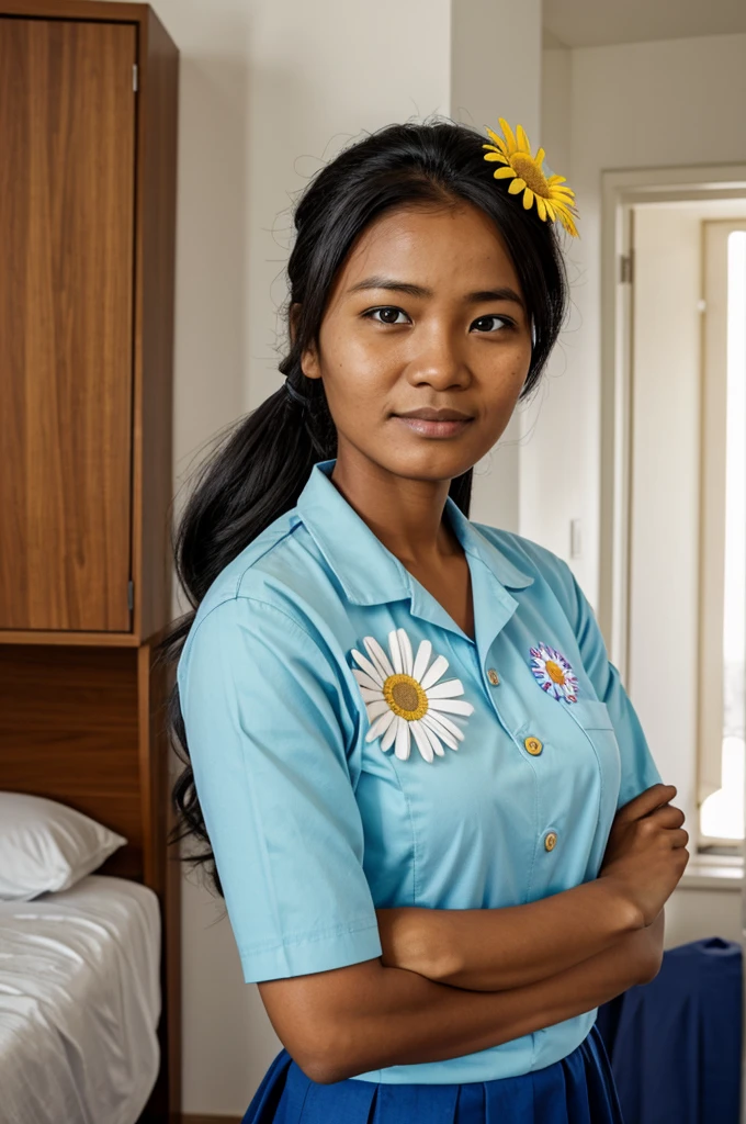 A domestic worker in her uniform.  On her left chest she wears a daisy flower design. 