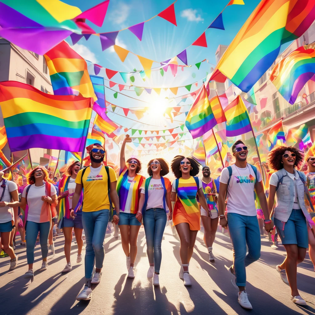 a vibrant LGBTQ+ pride parade, colorful rainbow flags and banners, smiling people marching together, upbeat energy and celebration, dramatic sky with sun rays, whimsical typography, abstract geometric patterns, 3D render, vivid colors, dynamic composition, high resolution, 8k, photorealistic, studio lighting, cinematic, award-winning digital art