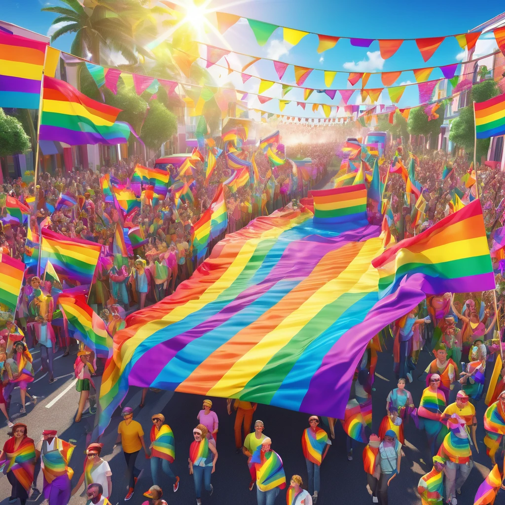 a vibrant LGBTQ+ pride parade, colorful rainbow flags and banners, smiling people marching together, upbeat energy and celebration, dramatic sky with sun rays, whimsical typography, abstract geometric patterns, 3D render, vivid colors, dynamic composition, high resolution, 8k, photorealistic, studio lighting, cinematic, award-winning digital art