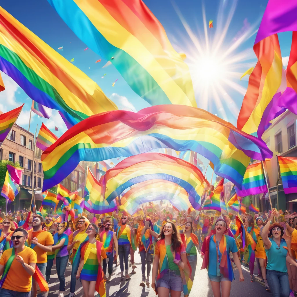 a vibrant LGBTQ+ pride parade, colorful rainbow flags and banners, smiling people marching together, upbeat energy and celebration, dramatic sky with sun rays, whimsical typography, abstract geometric patterns, 3D render, vivid colors, dynamic composition, high resolution, 8k, photorealistic, studio lighting, cinematic, award-winning digital art