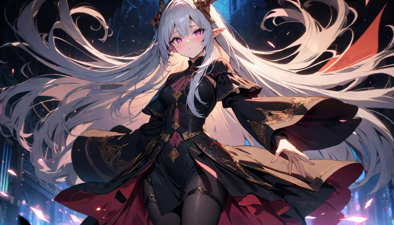 Satella from anime Re:NULL, (masterpiece, Best quality, A high resolution, ultra detailed, Satella, White hair, purple eyes, 1 girl, long hair, pointed ears, hair ornament, Tights, black transparent veil long black dress, Looking at the viewer, black Tights, long sleeves, blush, standing, very long hair, cowboy shot, brilliant, brilliant hair, (night:1.2),Dreamy, [[gentle fingers and hands:0.55]::0.85],(detailed fingers),),(emotional),(breathtaking),(main part:1.2) whole body.), (Anime Style), (Super Detailed), (brutal), (uhd, HDR), (8K), (High Resolution: 1.2), (Complex and Beautiful: 1.2), (Dramatic Lighting: 1.2) , (staring at the viewer), lora:add_detail:1, female necromancer, flowing white hair, detailed red eyes, skelet, Tomohiko Ito style