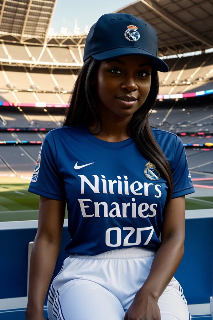 An animated chixa, dark skinned, with a cap sitting in a stadium with a real madrid t-shirt on the back that says karen