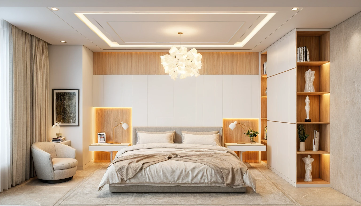 Interior Design, bed room, (minimalist style:1.2), (minimalist interior space), (minimalist furniture design), (space that realistically describes the minimalist interior of a townhouse), soft lines detail rendering realtime, (Warm LED 4000k white tone, Clean and comfortable, timeless, making the space appear clear), carpet, blanket cotton, (circle spotlight), (indoor), (neutral white tone color), (white wall mix beige wall design), (An Cuong Wooden Furniture minimalist Style), (An Cuong wood with MDF surface glued with melamine coating), (architectural design visualization), (reflection), (focus on object), (material normal bump real reflection), (multi-level reflection), (chao vantage software visualization render),(((Best Quality))), ((Masterpiece)), ((best illustration)), ((best shadows)), (( Super Detail)), (Intricate lines), (Photorealism),(hyper detail), ((archdaily)), ((award winning design)), (dynamic light), ((spotlight)), (perfect light), ( shimering light), ((photorealistic)), ((intricate detail)), ((extreme detail)), ((crazy detail)), ((octane render)), ((trending on artstation)), ((High- fidelity)), ((Viwvid)), ((Crisp)), ((Bright)), ((Stunning)), ((Eye-catching)), ((High-quality)),((Sharp)), ((day sun environment)), ((Illuminating)), ((Flawless)), ((High-quality)),((Sharp edge render)), ((medium soft lighting)), ((photographic render)) , ((detailed archviz)), ((reality environment)),  (level of photo realism, depends on lighting, materials, composition, Real-Time Rendering, based on chao vantage timage rendering graphics software)
