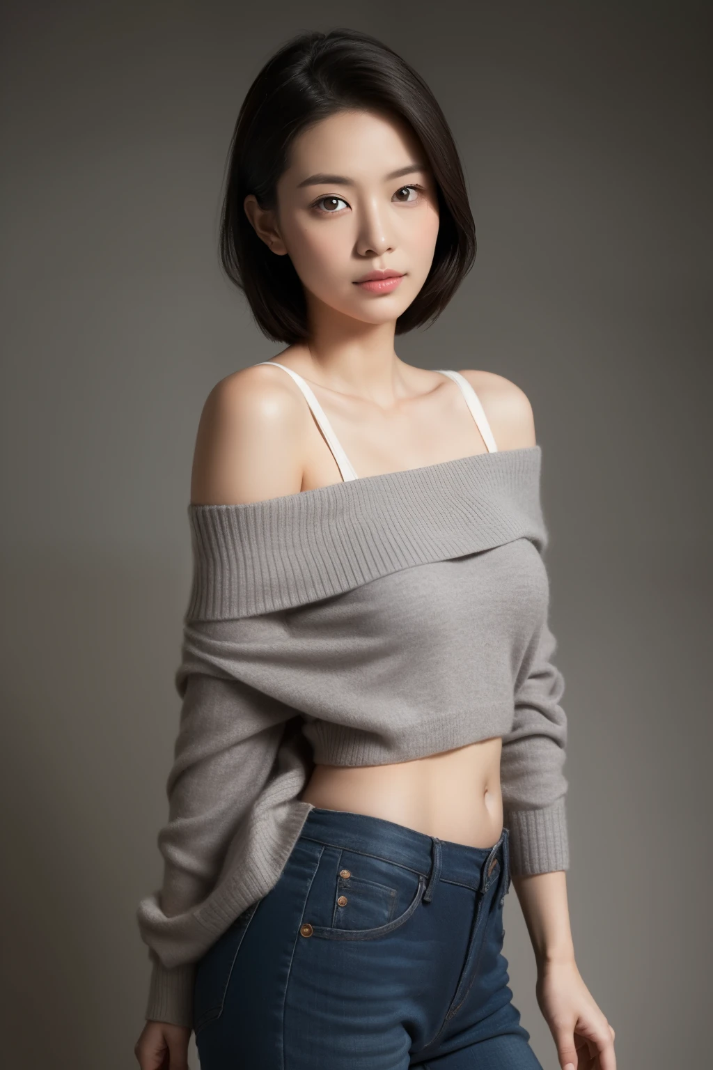 asian lady, She is wearing a soft pink sweater relaxed neckline that casually ((drapes off one shoulder)), exposing slender shoulders with black bra trap, highlighted by the rays of light creating a radiant effect on her skin. , mid-shot , light rays, warm atmosphere , light through hair, ((mid-shot, full body, slender waist)), Hair Up Do、 Glowing eyes, nose blush, Carl Larsson, Alfonse Mucha, Chiaroscuro, Film Glenn, reflective light, (((long-Shot))), knee to top,longshot show (((full body))), masterpiece, high details, ((gray background, studio light ))