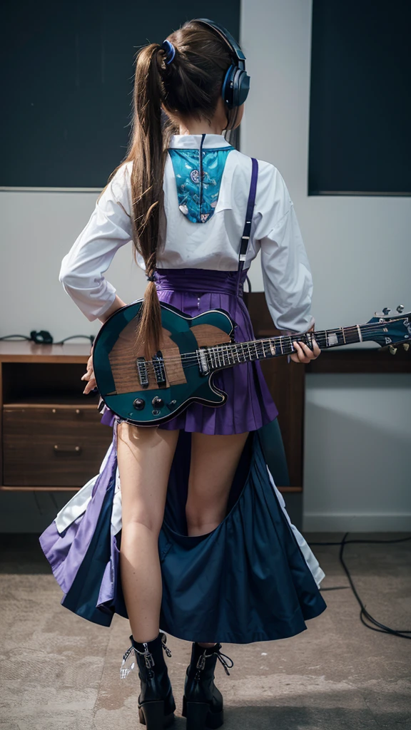 ((masterpiece, best quality))1girl, solo, fashion purple dress modern future, electric guitar, headphones, ponytail, holding, holding plectrum, instrument, very long brown hair, music, one side up, teal hair, twin tails, playing guiter, pleated long skirt fashion, fashion dress modern purple and white, interior, full body,,, beautiful boot modern