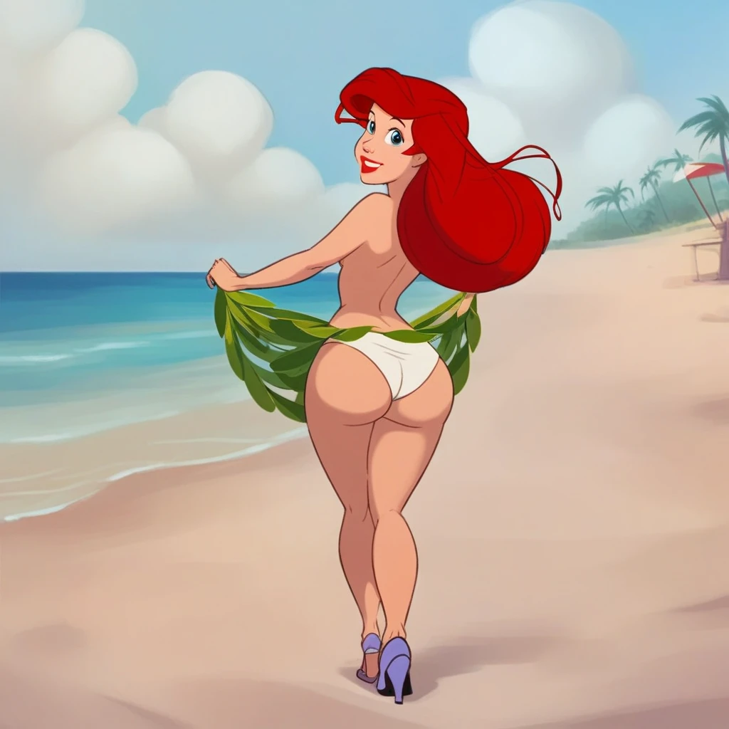 ar_el, 1girl, fair skin, red lips, red hair, large aqua-blue eyes, (rating nsfw), 1girl solo, outdoors, beachfront, looking at viewer, rear view, topless, standing, wiggling her bottom,  full view, legs, purple heels,  white panties, hula dance, huge butt, thicc, hula skirt, beach, 