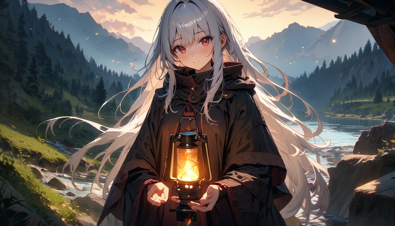 ​masterpiece, best quality, highly Detailed, single girl, alone, outside, Camping, natta, Mountains, Natur, stars, Mond, green eyes, cheerful, sleeping bag, Camping stove, flashlight, woodland, rocks, river, wood  , smoke, heaven, clear heaven, commute, quiet, quiet, quiet, peaceful, Serene, remote, adventurous, Exploration, Escape, Independence, Challenge, durability, Endurance, surveillance, Intuition, improvement, creativity, Performance, art,  Inspiration, beauty, awe, wonder, gratitude, recognition, Relaxation, Enjoyment, Taper, awareness, awareness, balance, balance, Textur, Detail, 真实感, depth, Textur, colour, light, shade, refraction, Ton, Ton, Contrast Middleground Background Natural Simulation Impressionistic Expressive Abstract Innovative Experimental Unique, standing, very long hair, cowboy shot, brilliant, brilliant hair, (night:1.2),Dreamy, [[gentle fingers and hands:0.55]::0.85],(detailed fingers),),(emotional),(breathtaking),(main part:1.2) whole body.), (Anime Style), (Super Detailed), (brutal), (uhd, HDR), (8K), (High Resolution: 1.2), (Complex and Beautiful: 1.2), (Dramatic Lighting: 1.2) , (staring at the viewer), lora:add_detail:1, female necromancer, flowing white hair, detailed red eyes, skelet, Tomohiko Ito style