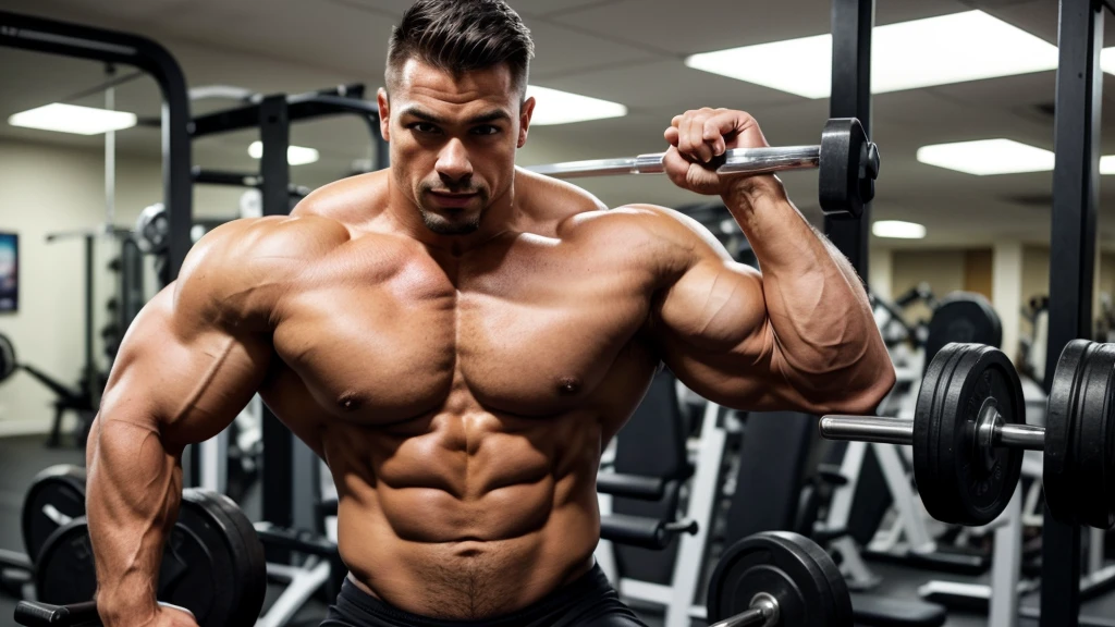 An image of a bodybuilder with large, defined quadriceps in a gym environment