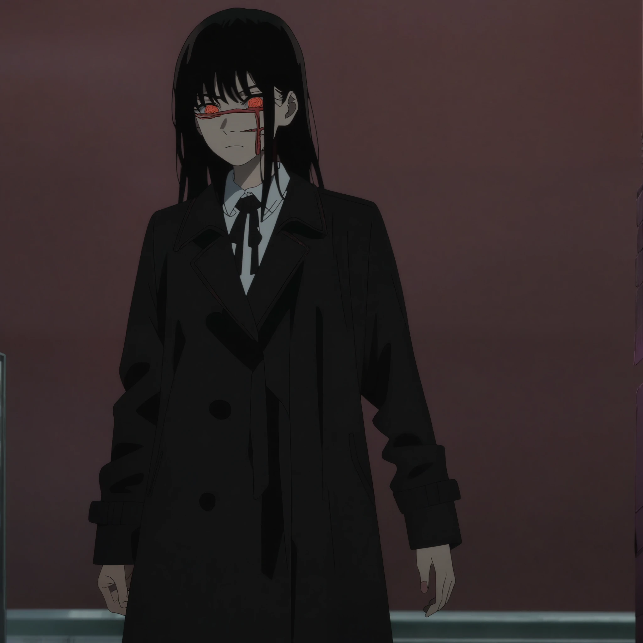 chainsaw man, 1girl, yoru \(chainsaw man\), anime screencap, official art, black trench coat, standing, masterpiece, best quality, newest, recent
