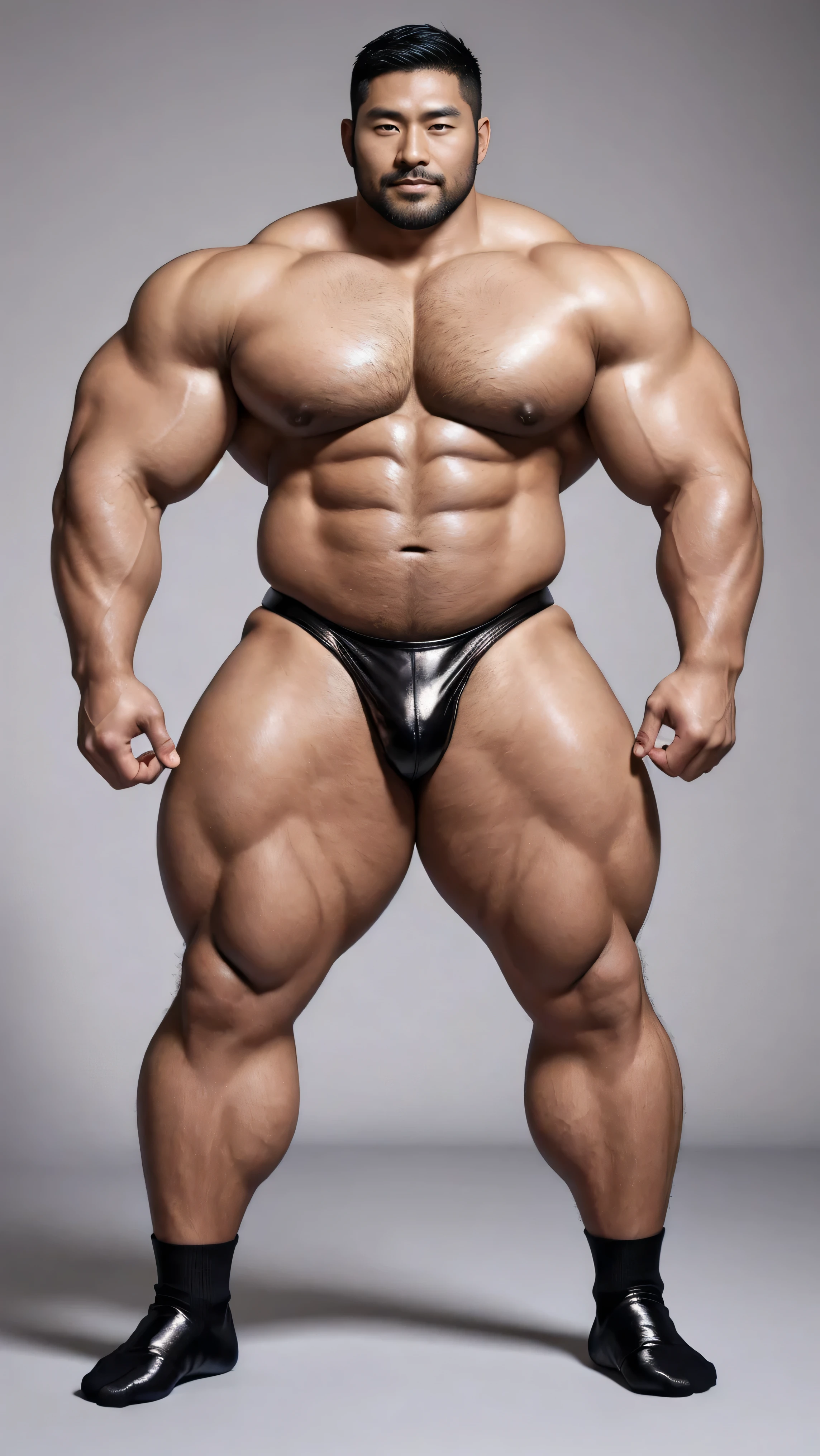 There is only one handsome Asian actor in the photo，35 years old，High target, Fitness，short hair, O-Shaped Beard，Perfect body, Dark skin color，Radiant Skin，Smooth skin，Muscle bulge, muscular, Very large pectoral muscles，Very  abdominal muscles，Very well-developed leg muscles，Huge concave and convex area，Brightens oily skin，Wearing black leather shiny ，Handsome face， Correct and accurate male body proportions, Wear black socks，Standing on a gray background。
