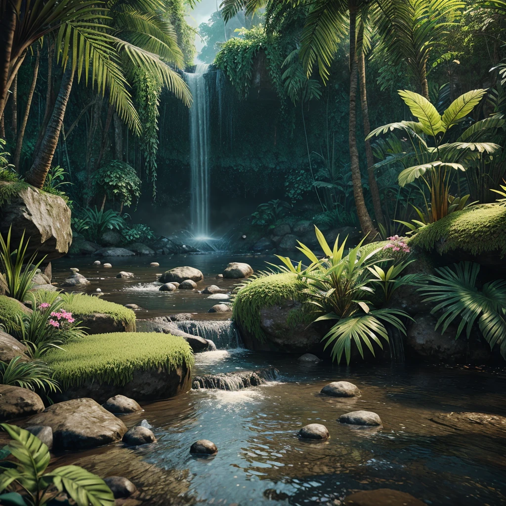 unreal engine 5 render, jungle, river, flowers, extremely detailed, colorful