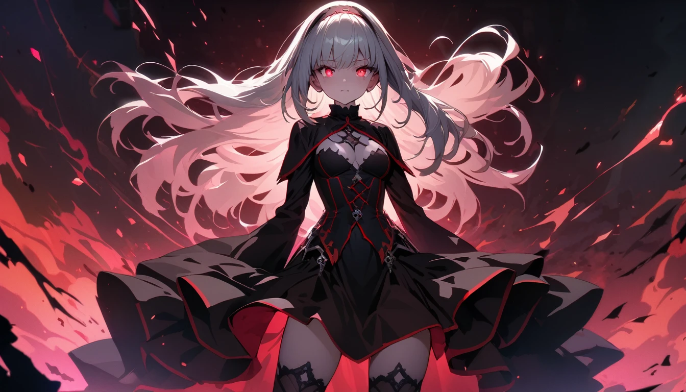 1 girl ,(large stigmata) , Kirchenruine, bloody rosary , (floating hair, floating skirt), ((Blutmeer)),From Side View, Characterfocus, ((Blacklight)),((dark lighting)), cinematic lighting ,(darkness), (conceptual art), ((Rape Face)) ,black long straight hair, black hair, Braided hairstyles, long straight braids, hair band , red eyes color, Short black dress, tight black dress, absolutes Territorium, Thigh high socks, (glowing eyes), high resolution,(incredibly absurd) ,Extreme detail CG Unity 8K wallpaper, ((​masterpiece)), ((top quality)), (beautiful illustration), ((an extremely delicate and beautiful)), (​masterpiece, best quality, ultra high resolution), black hair, pale skin, Black Crown, red eyes, bright_eyes, neon eyes, ultra detailed eyes, beautiful and detailed face, detailed eyes, (centered, torso), (tears), (wide angle shot:0.9), facing to viewer, eyeshöhe, standing, very long hair, cowboy shot, brilliant, brilliant hair, (night:1.2),Dreamy, [[gentle fingers and hands:0.55]::0.85],(detailed fingers),),(emotional),(breathtaking),(main part:1.2) whole body.), (Anime Style), (Super Detailed), (brutal), (uhd, HDR), (8K), (High Resolution: 1.2), (Complex and Beautiful: 1.2), (Dramatic Lighting: 1.2) , (staring at the viewer), lora:add_detail:1, female necromancer, flowing white hair, detailed red eyes, skelet, Tomohiko Ito style
