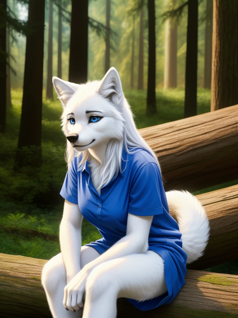 Posing, sitting on log, Female, 30 years old, cute, eyeliner, long hair, sad, blue shirt, bedroom eyes, anthro, wolf ears, (white fur:1.5), baggy shirt, wolf, forest background, 8k, hi res, (best quality, masterpiece), blue eyes