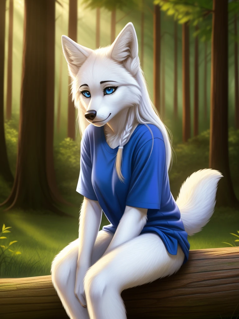 Posing, sitting on log, Female, 30 years old, cute, eyeliner, long hair, sad, blue shirt, bedroom eyes, anthro, wolf ears, (white fur:1.5), baggy shirt, wolf, forest background, 8k, hi res, (best quality, masterpiece), blue eyes