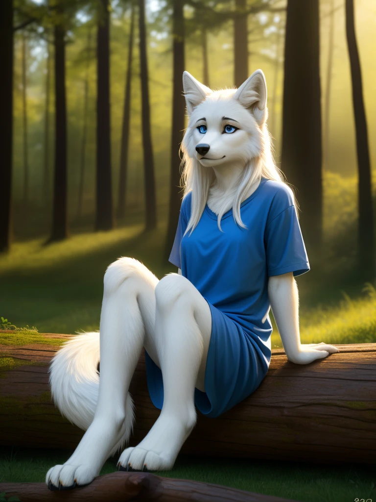 Posing, sitting on log, Female, 30 years old, cute, eyeliner, long hair, sad, blue shirt, bedroom eyes, anthro, wolf ears, (white fur:1.5), baggy shirt, wolf, forest background, 8k, hi res, (best quality, masterpiece), blue eyes