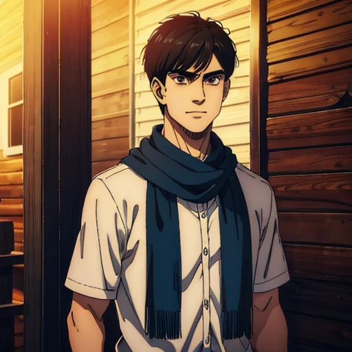 A male character with brown eyes and with medium fringe hairstyle black hair the Mappa art style. He is depicted in a grey shirt, showcasing a sharp jawline.He is also wearing short sleeve shirt. He is also fair. He is also smiling a little. He is also wearing blue scarf in city slicker way . Behind him a small cabin. The artwork should have the best quality, with ultra-detailed and realistic features. The color palette should be vivid, and the lighting should emphasize the character's facial structure and expression.