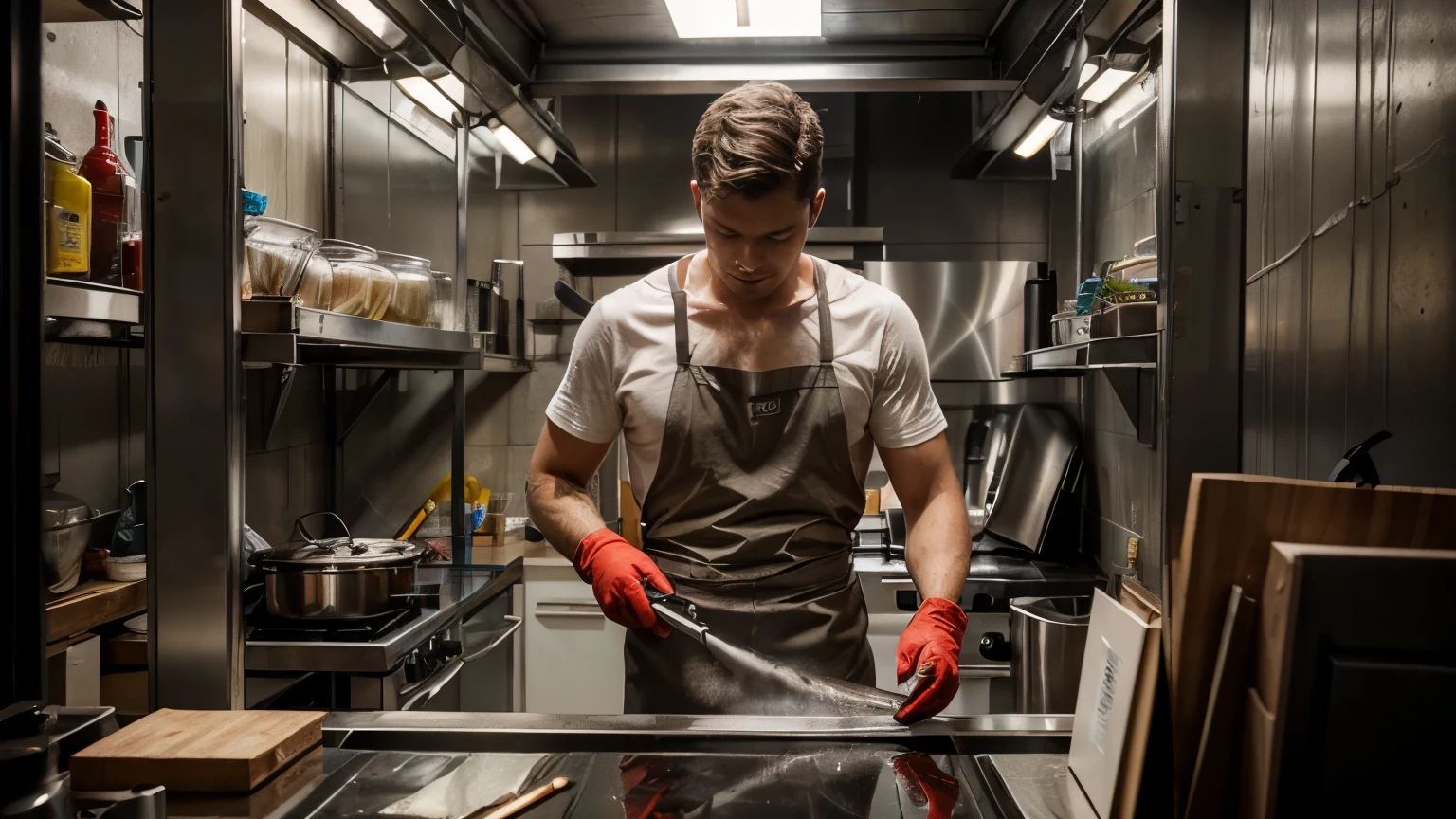 (work of art, best qualityer, Trends on ArtStation, 8K), 1 man cleaning an industrial stainless steel kitchen. rich environment, metals, glass, Clean environment with light colors.
