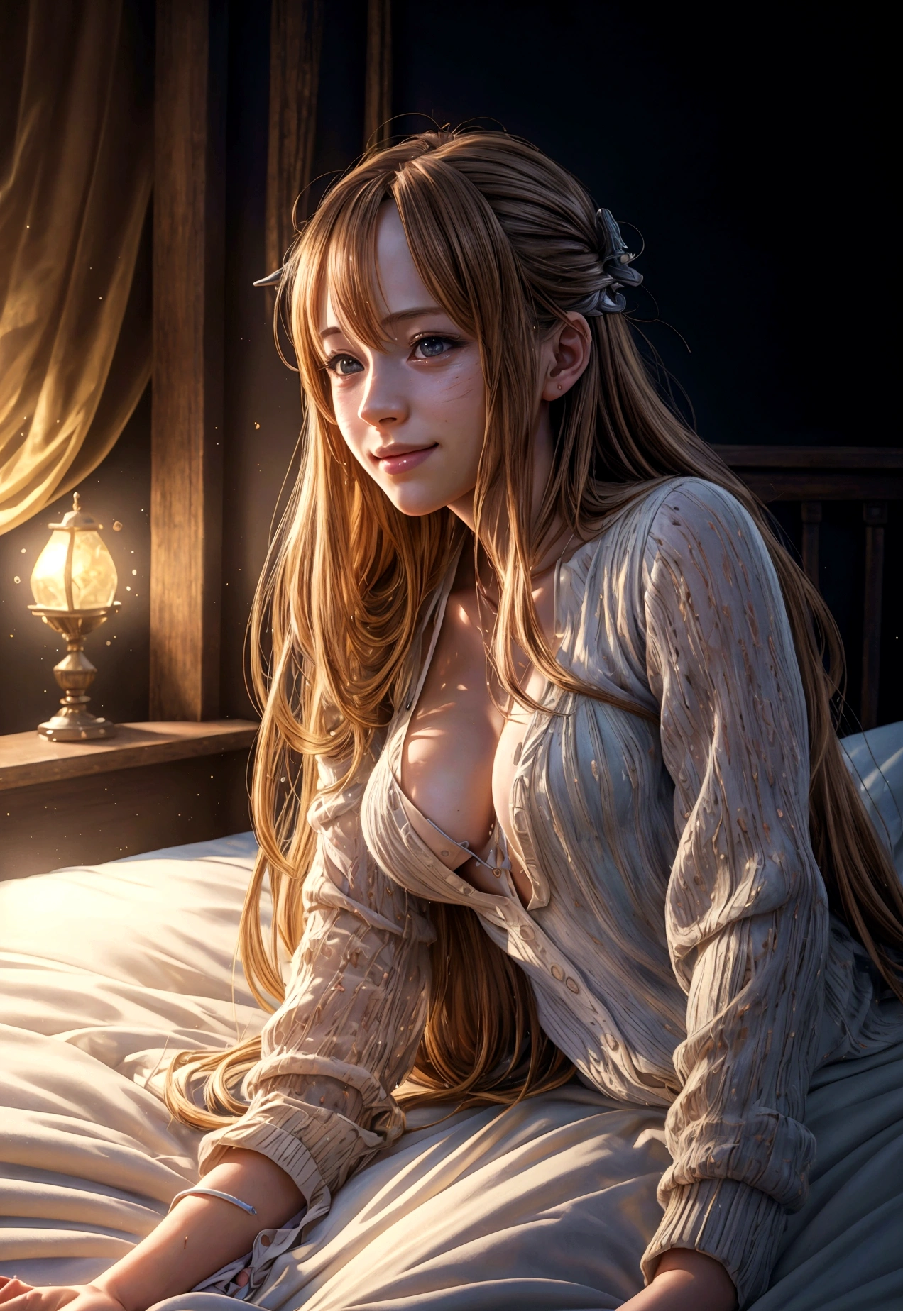 asuna, asuna_(sao), 1girl, fantasy, highres, looking_away, looking_to_the_side, original, realistic, scenery, Close-up, upper_body, smiling, action pose, on_bed, (best quality,4k,8k,highres,masterpiece:1.2),ultra-detailed,(realistic,photorealistic,photo-realistic:1.37),HDR,UHD,studio lighting,ultra-fine painting,sharp focus,physically-based rendering,extreme detail description,professional,vivid colors,bokeh,