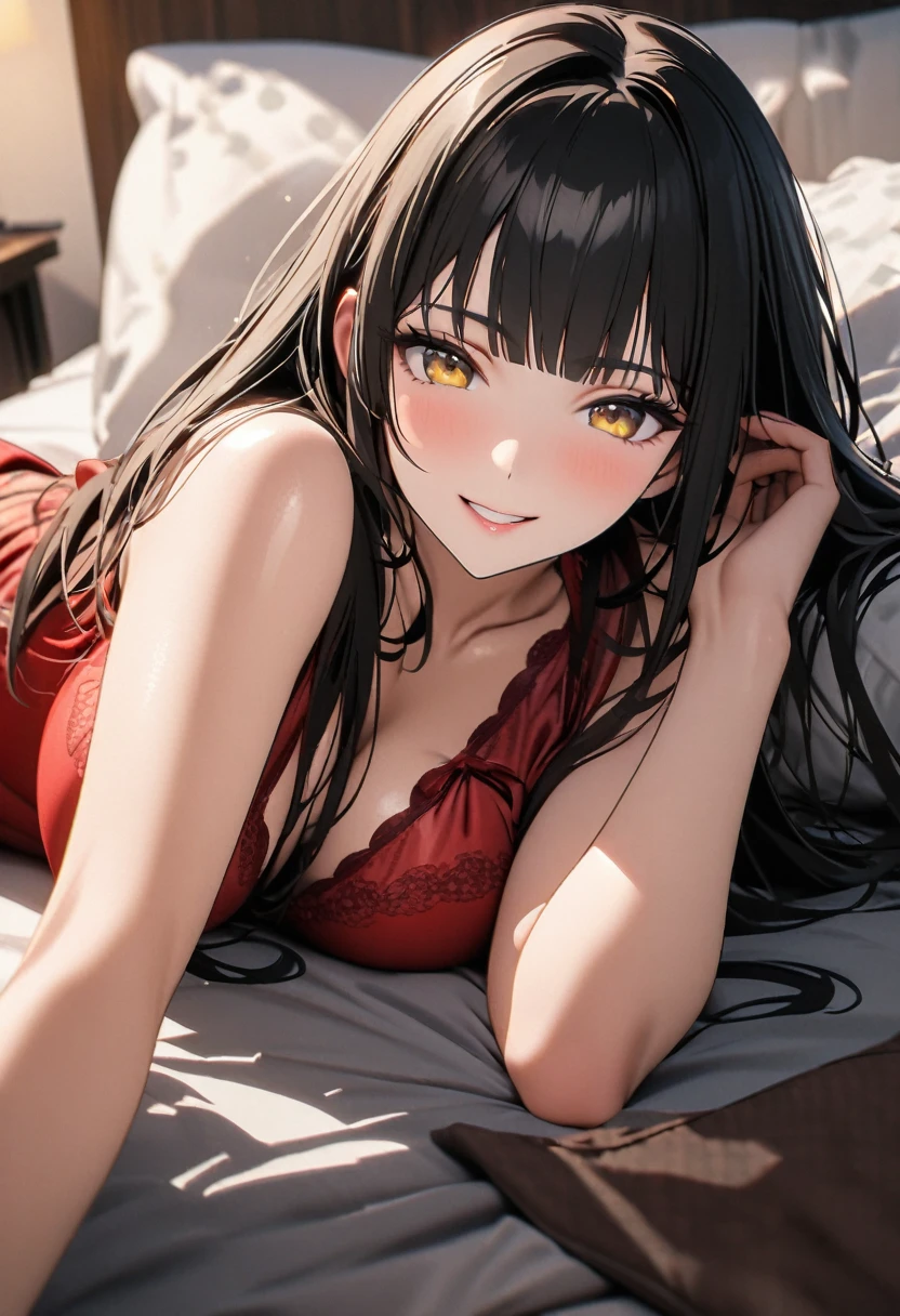 Mature woman, long black hair, straight bangs down, yellow eyes, lying in the bed, red nightgown, beautiful, in the bedroom, sexy woman, sexy smile, clevage, 8k, high quality, full HD.