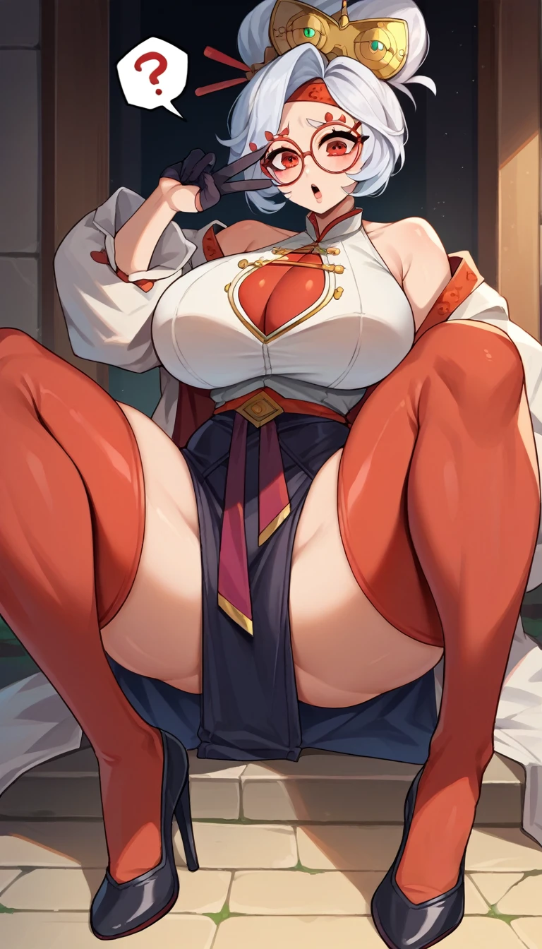 score_9, score_8_up, score_7_up, score_6_up, score_5_up, score_4_up, (source_anime), purah, 1girl, huge breasts, narrow waist, thick thighs, hair ornament, red headband, red glasses, sleeveless shirt, white coat, black skirt, red leggings, gloves, high heels, (Open legs:1.5)(((nsfw)))(question mark)(doublePeace)